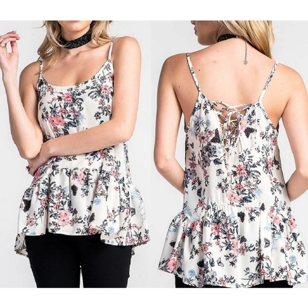 Floral & Butterfly Print Lace Up Ruffle Cami Top